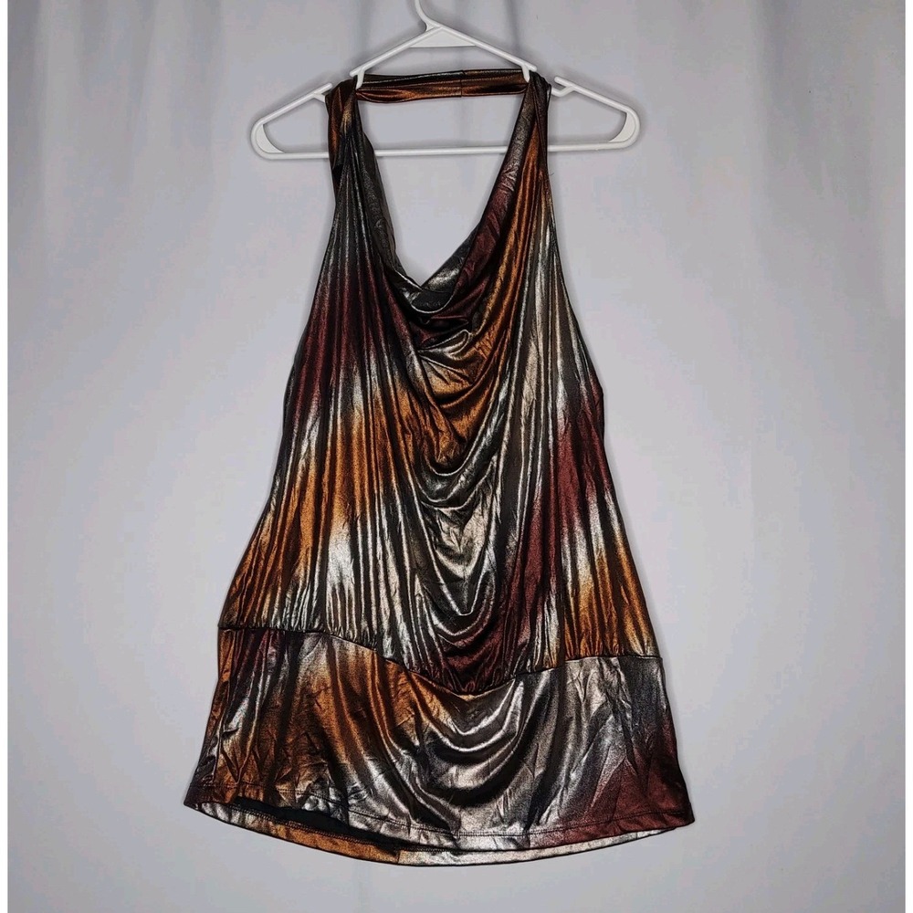 Vintage‎ Y2K Metallic Halter Top Womens 2X Copper Silver Cowl Party Fairy Grunge